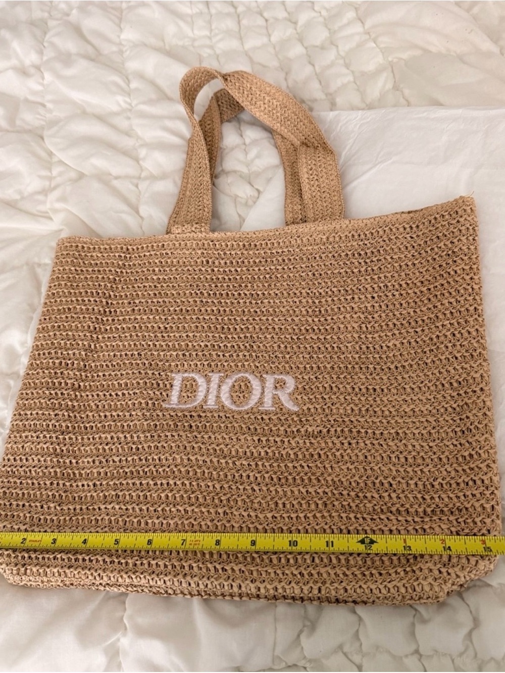 Dior Beige Crochet Tote with White Logo Dior Beauty Raffia Woven Tote Bag